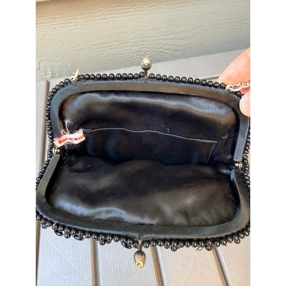 Vintage Black Beaded Evening Bag Made in Japan Kiss Lock Gold Chain Clutch -BE - Picture 5 of 6
